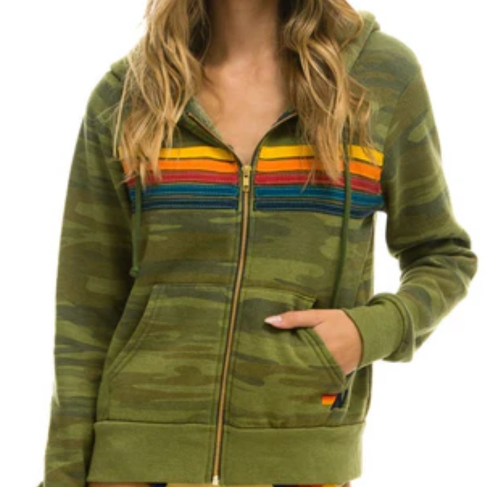 Aviator Nation Green Camo Hoodie with Rainbow Accents